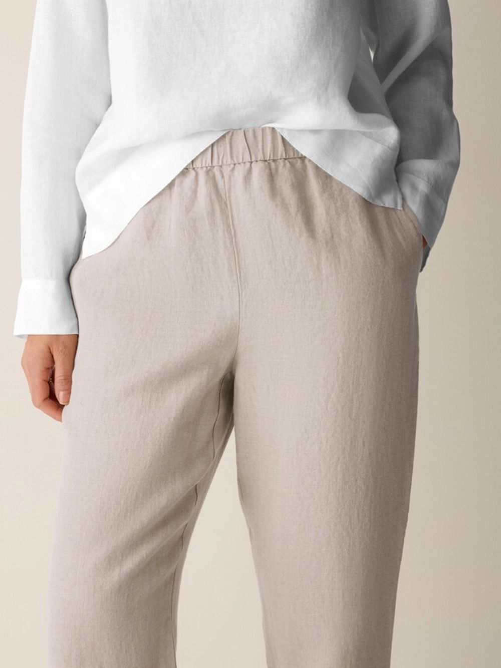Eileen Fisher 100% Organic Linen Light Beige Elastic-Waist Pants Undyed Natural - Picture 10 of 10